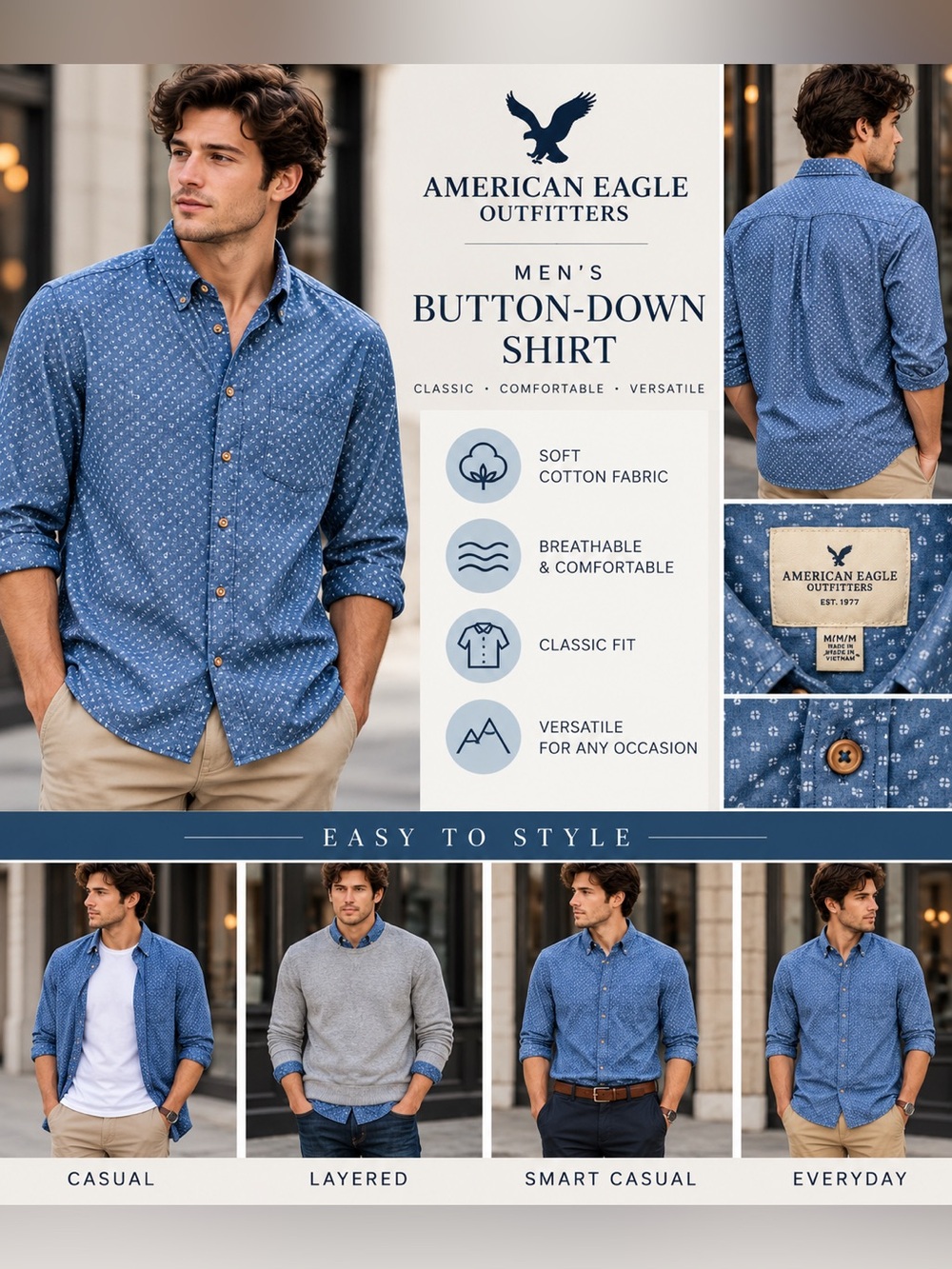 American Eagle Men's Blue Button-Down Shirt - Classic Fit size medium